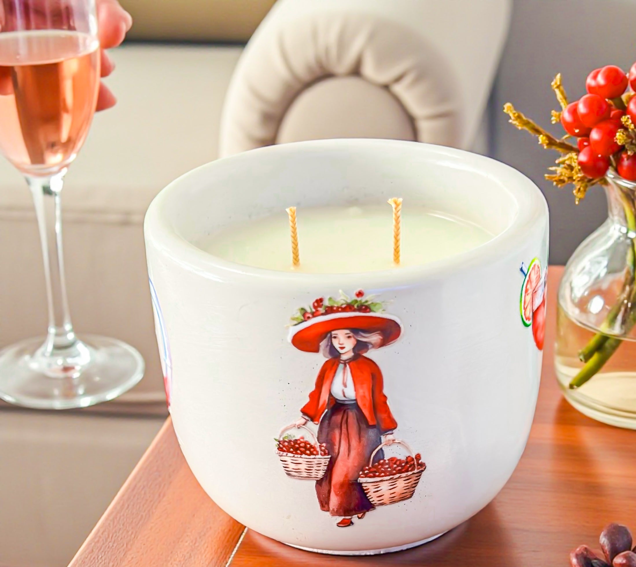 Festive Cranberry Prosecco Candle — Handmade Luxury Candle in Cement Jar, Bright Citrus & Champagne Scent, Clean-Burning, Good for Gifting