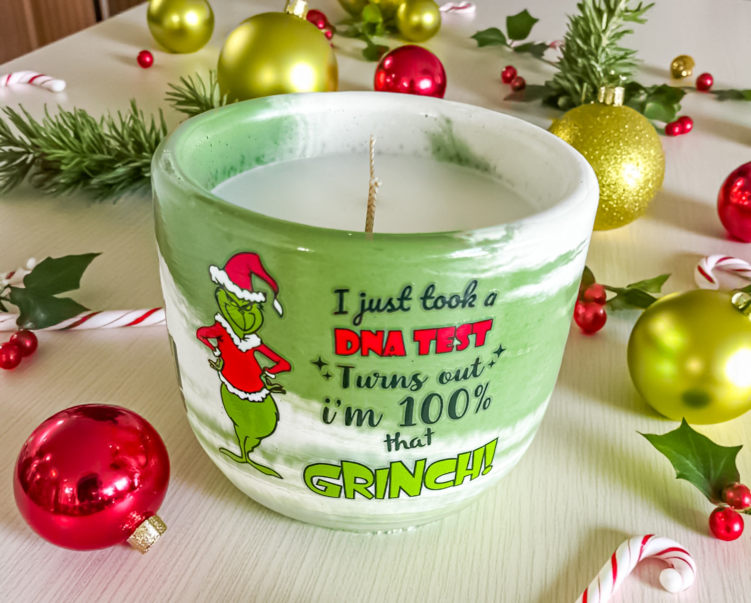 Grinchmas Christmas Candle — Handmade Holiday Candle in Cement Jar, Pine & Mint Scent, Festive Winter Home Décor, for Gifting