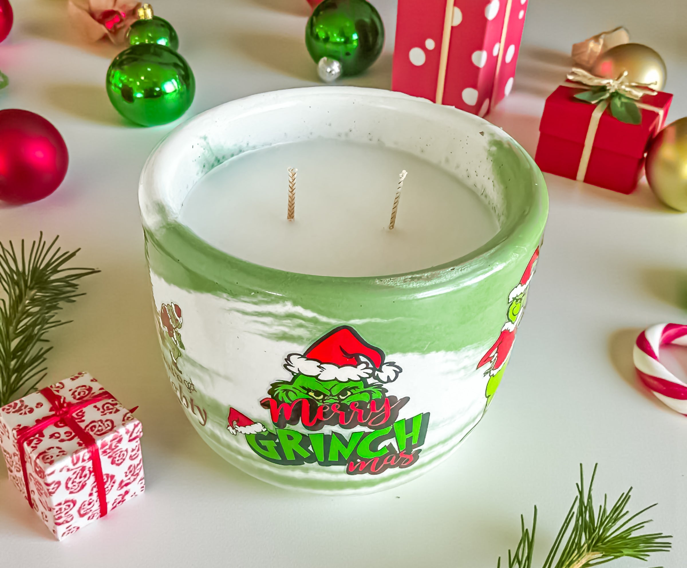 Grinchmas Christmas Candle — Handmade Holiday Candle in Cement Jar, Pine & Mint Scent, Festive Winter Home Décor, for Gifting