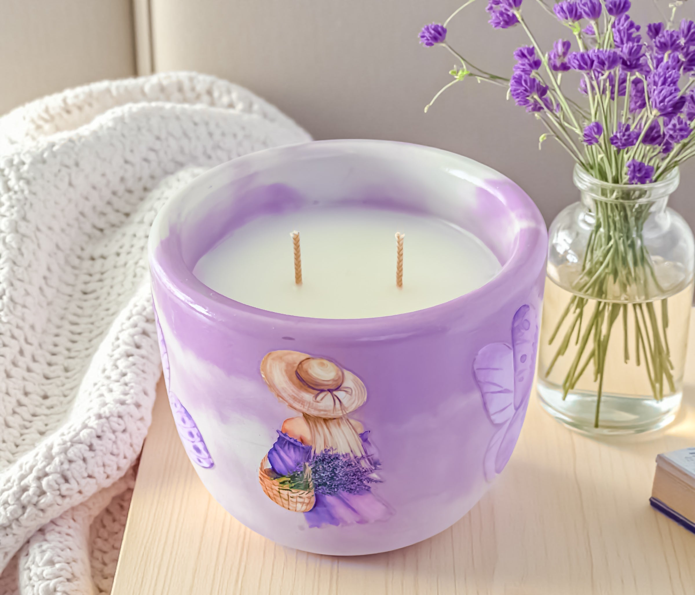 Lavender Candle: Vegan Coco Apricot Wax, Handmade Concrete Jar, Double Wick