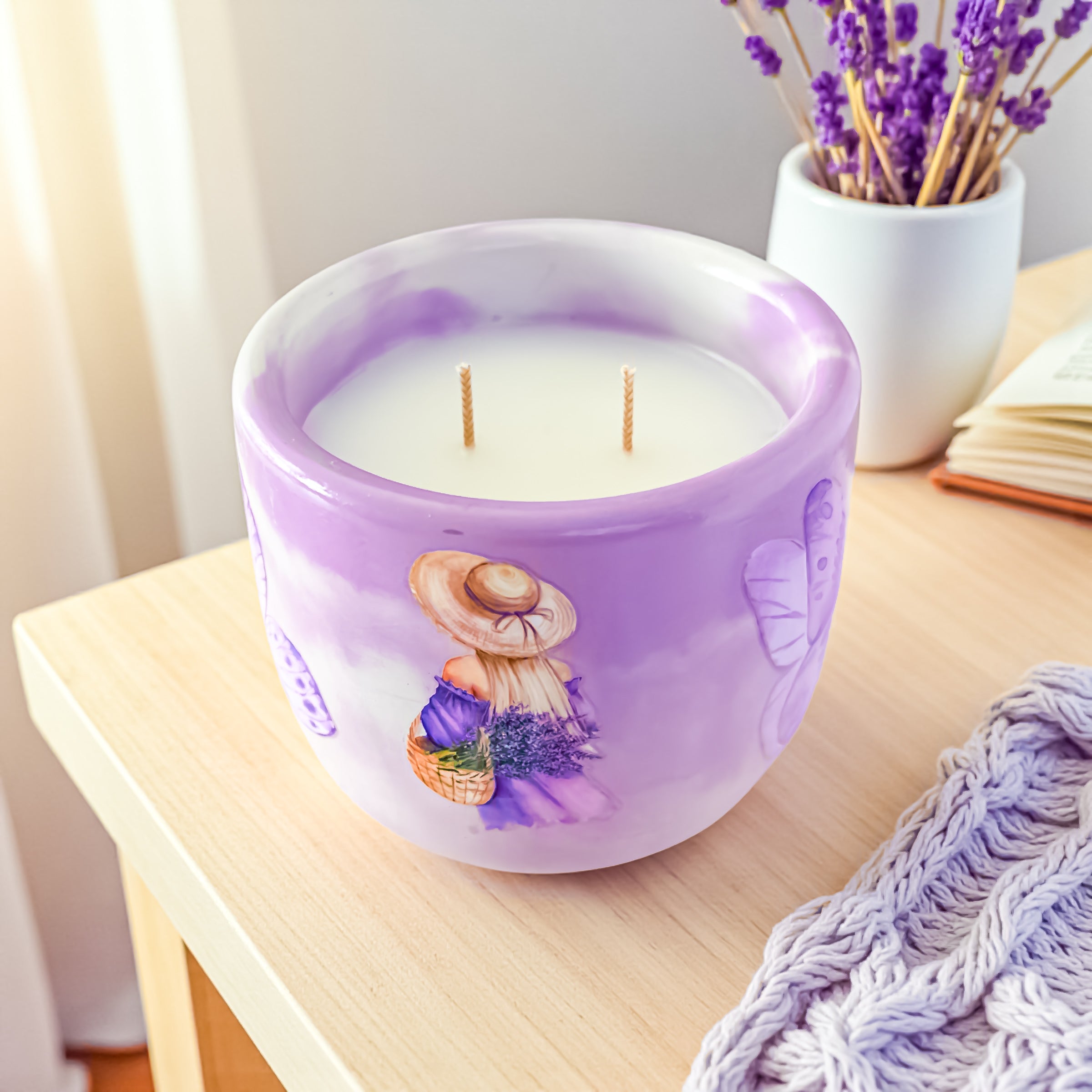 Lavender Candle: Vegan Coco Apricot Wax, Handmade Concrete Jar, Double Wick