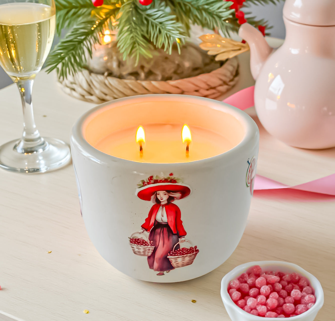 Festive Cranberry Prosecco Candle — Handmade Luxury Candle in Cement Jar, Bright Citrus & Champagne Scent, Clean-Burning, Good for Gifting