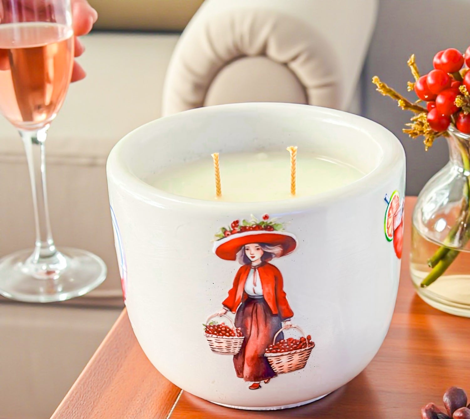 Festive Cranberry Prosecco Candle — Handmade Luxury Candle in Cement Jar, Bright Citrus &amp; Champagne Scent, Clean-Burning, Good for Gifting