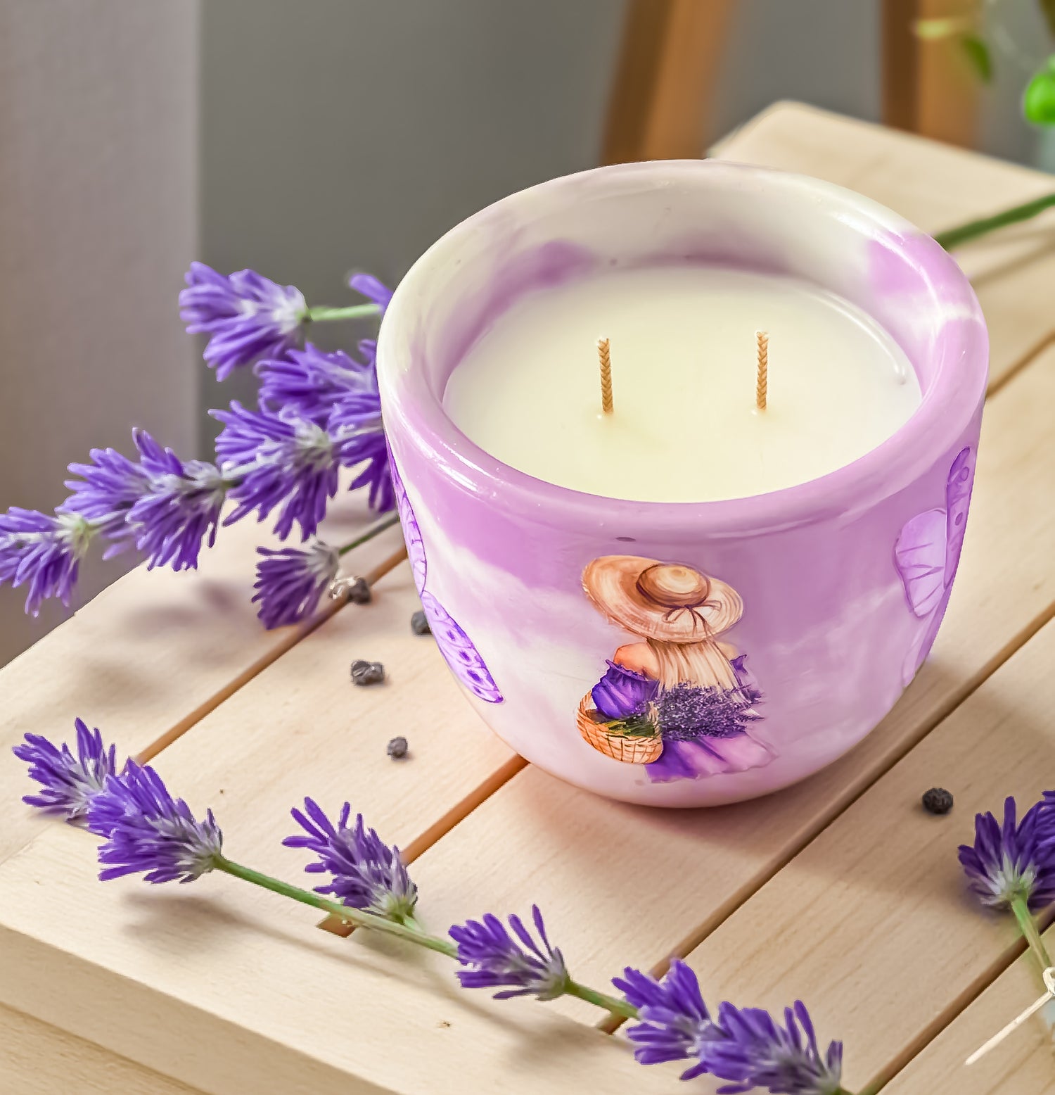 Lavender Candle: Vegan Coco Apricot Wax, Handmade Concrete Jar, Double Wick