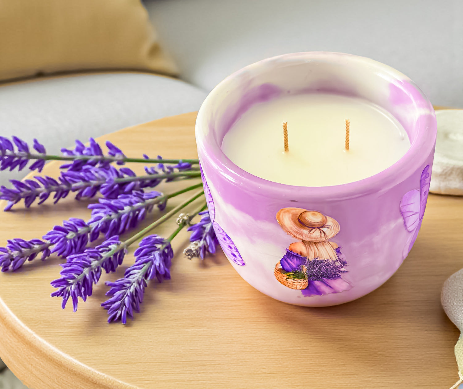 Lavender Candle: Vegan Coco Apricot Wax, Handmade Concrete Jar, Double Wick