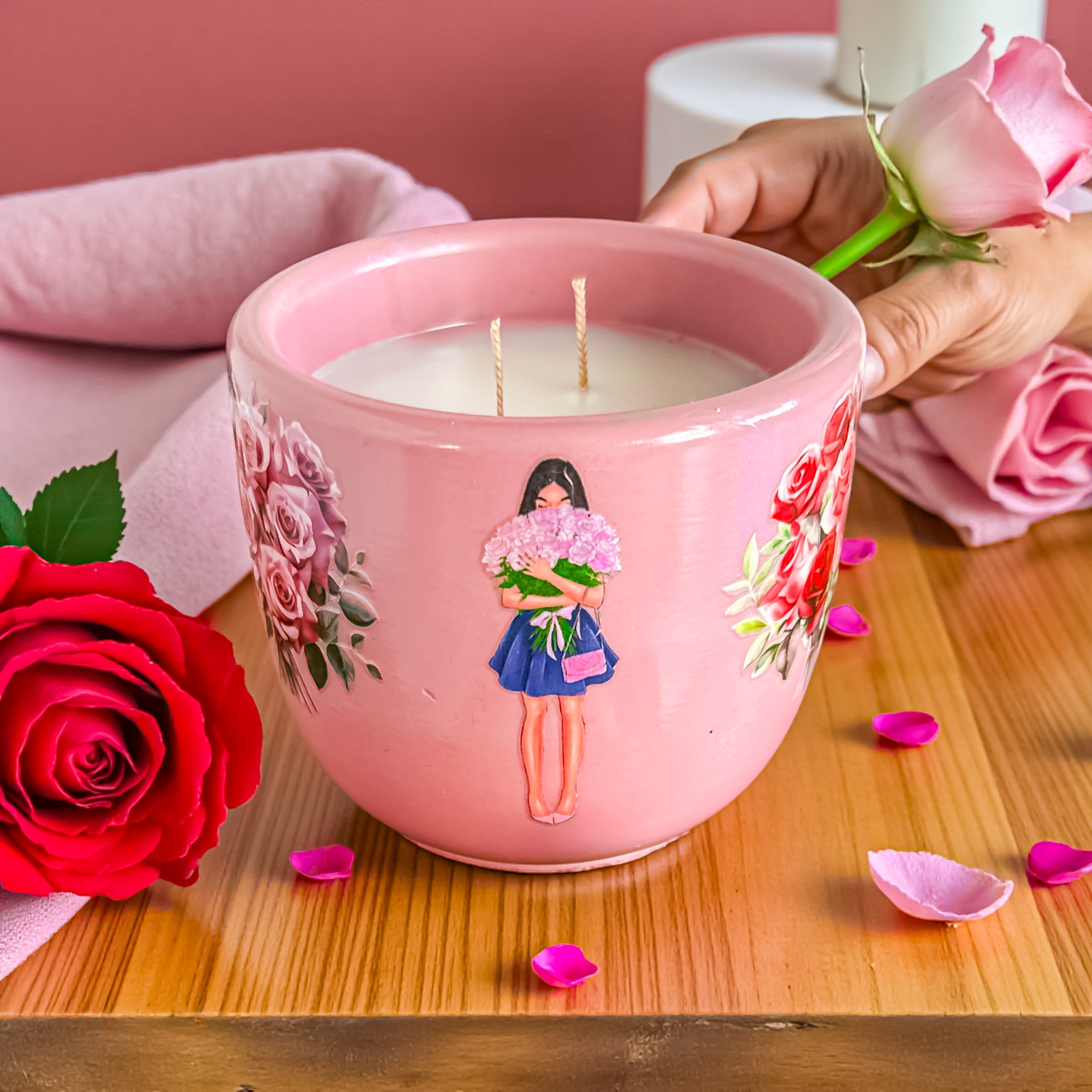 Rose Scented Candle: Vegan Coconut Apricot Wax in Concrete Jar