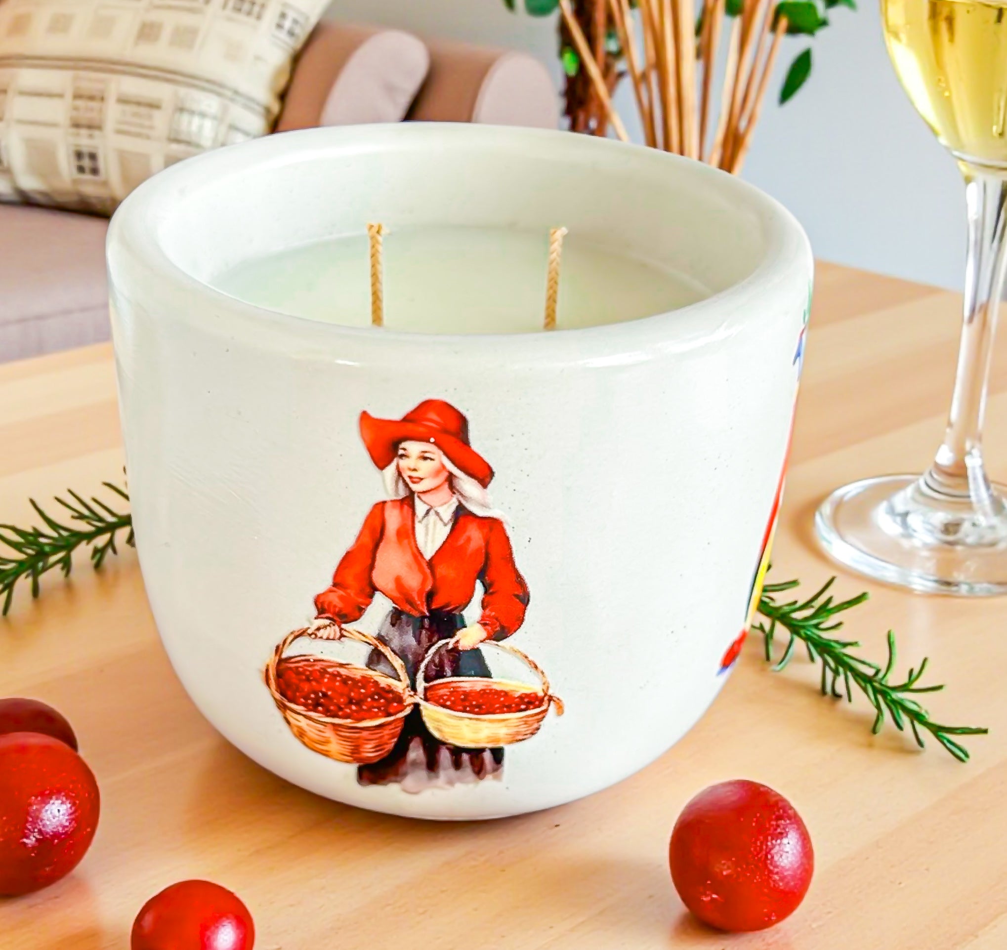 Festive Cranberry Prosecco Candle — Handmade Luxury Candle in Cement Jar, Bright Citrus &amp; Champagne Scent, Clean-Burning, Good for Gifting