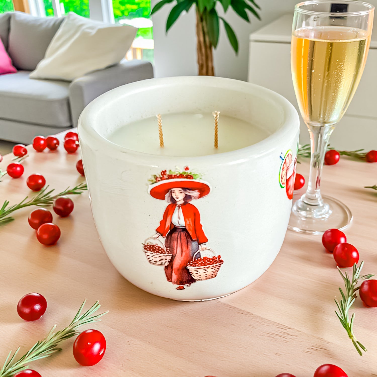 Festive Cranberry Prosecco Candle — Handmade Luxury Candle in Cement Jar, Bright Citrus &amp; Champagne Scent, Clean-Burning, Good for Gifting