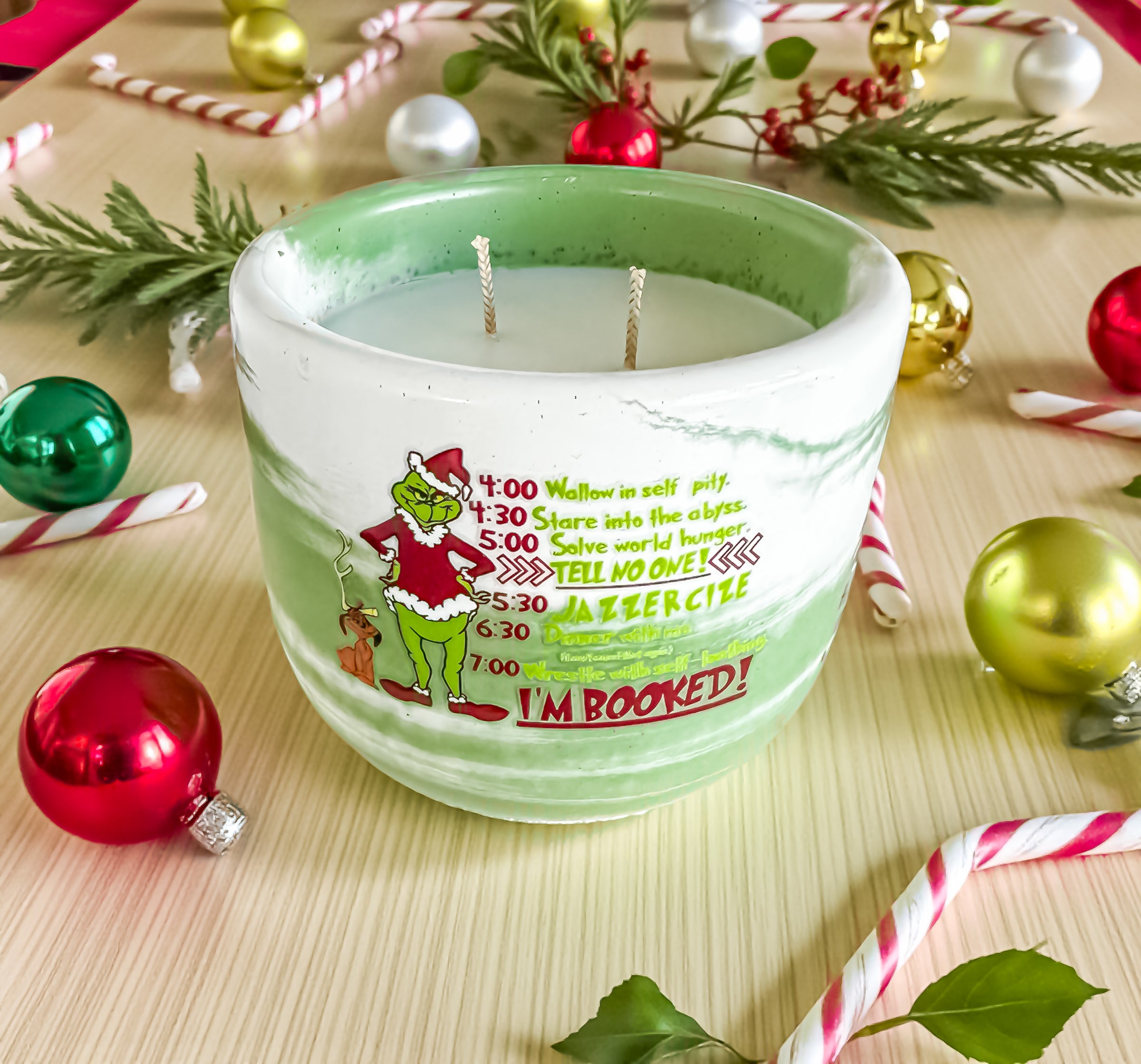 Grinchmas Christmas Candle — Handmade Holiday Candle in Cement Jar, Pine &amp; Mint Scent, Festive Winter Home Décor, for Gifting