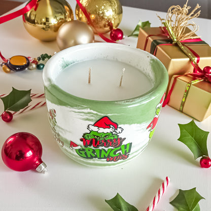 Grinchmas Christmas Candle — Handmade Holiday Candle in Cement Jar, Pine &amp; Mint Scent, Festive Winter Home Décor, for Gifting
