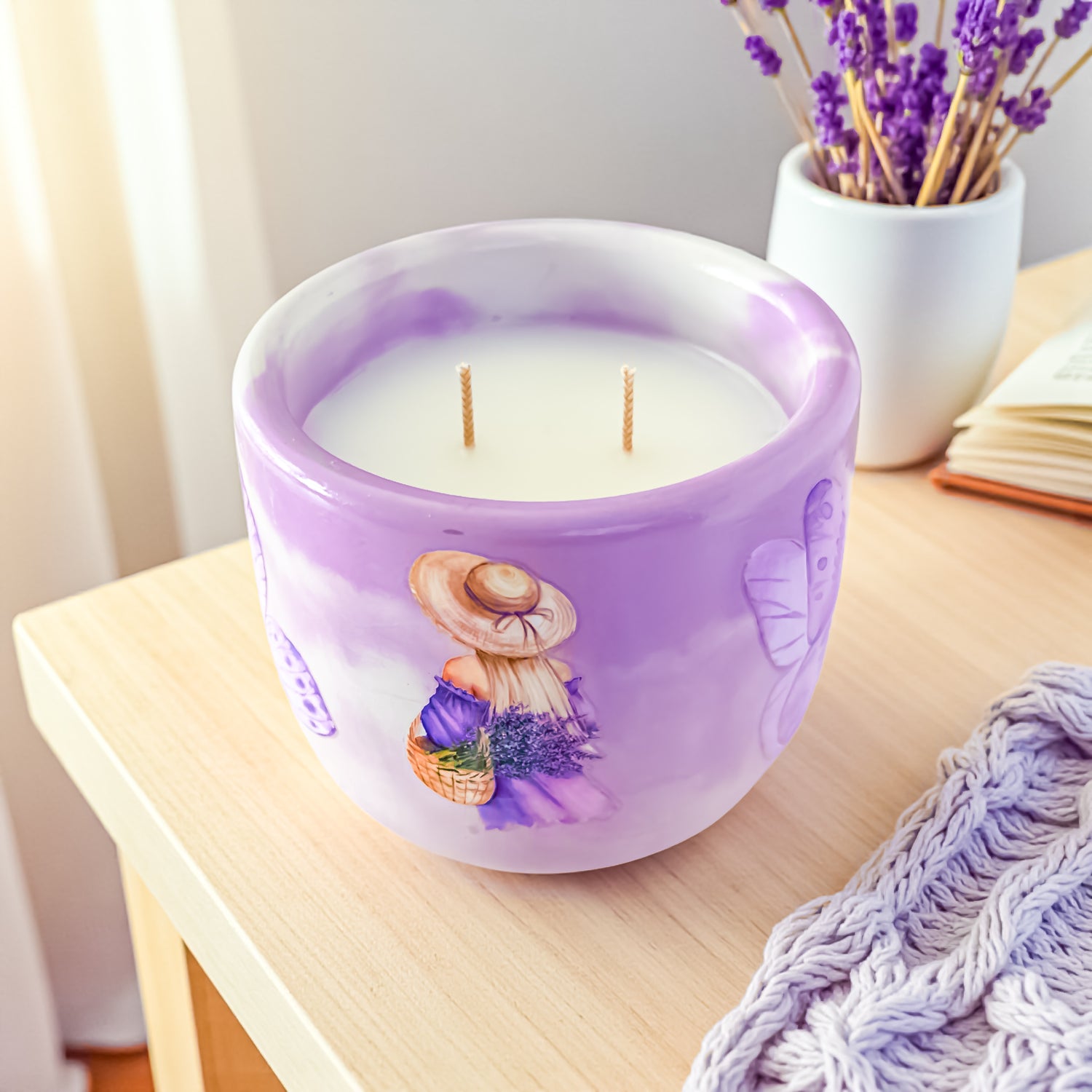 Lavender Candle: Vegan Coco Apricot Wax, Handmade Concrete Jar, Double Wick