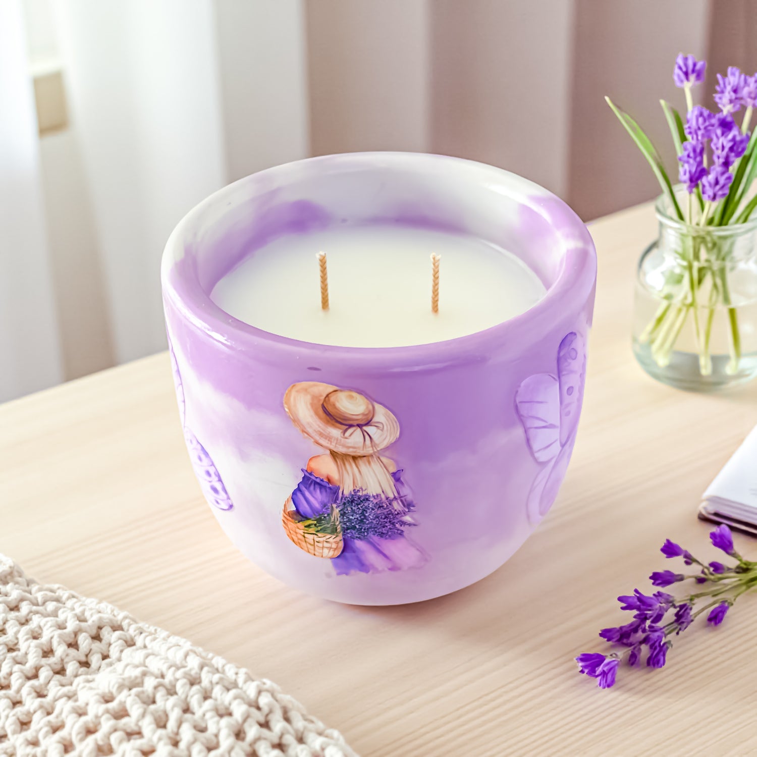 Lavender Candle: Vegan Coco Apricot Wax, Handmade Concrete Jar, Double Wick