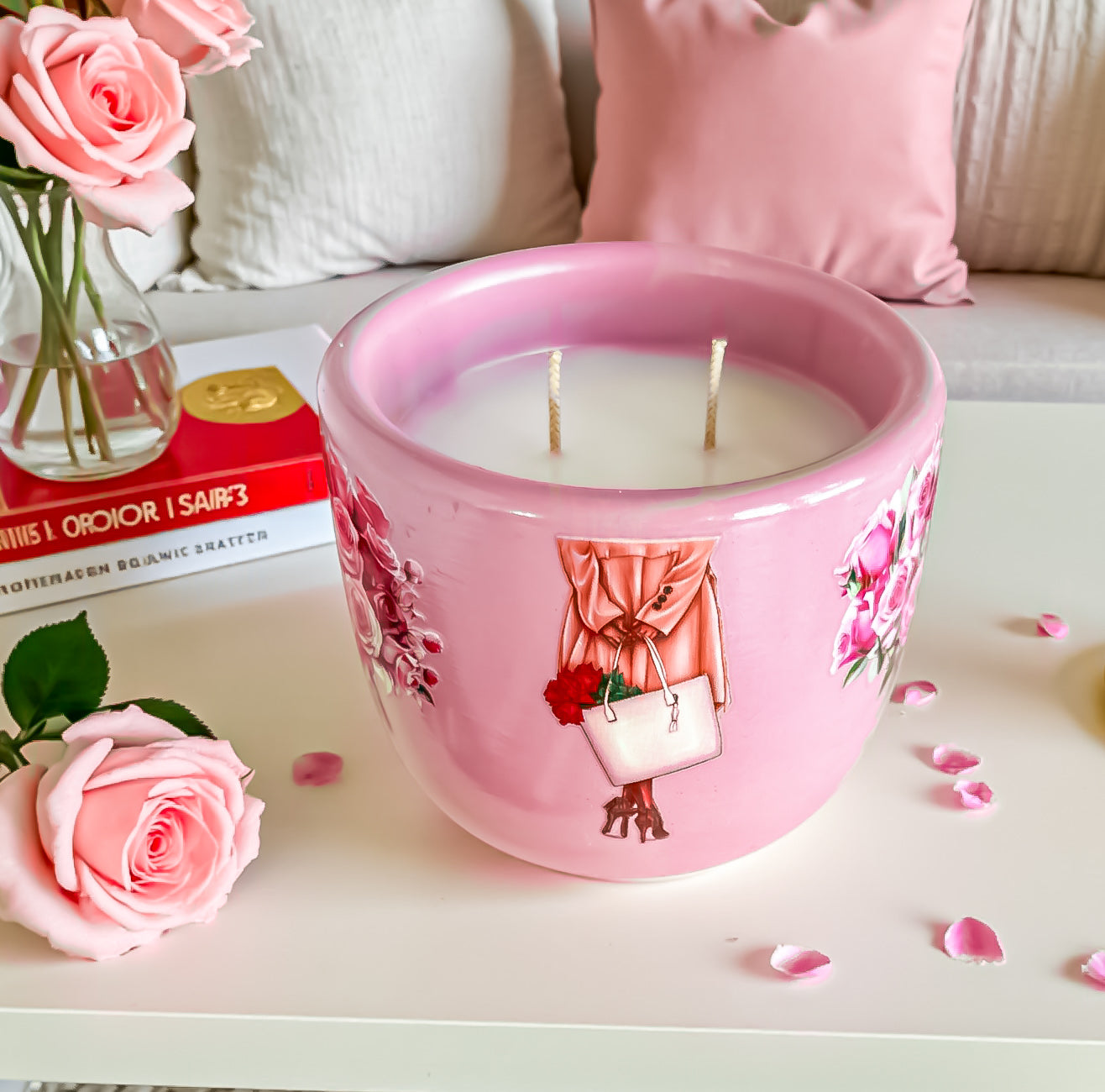 Rose Scented Candle: Vegan Coconut Apricot Wax in Concrete Jar